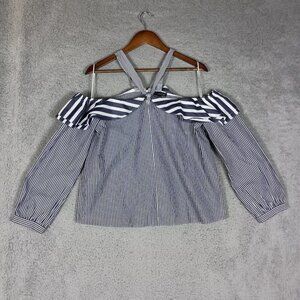 J. Crew Halter Top Women's 10 Blue White Striped Ruffle Off Shoulder Blouse NWT